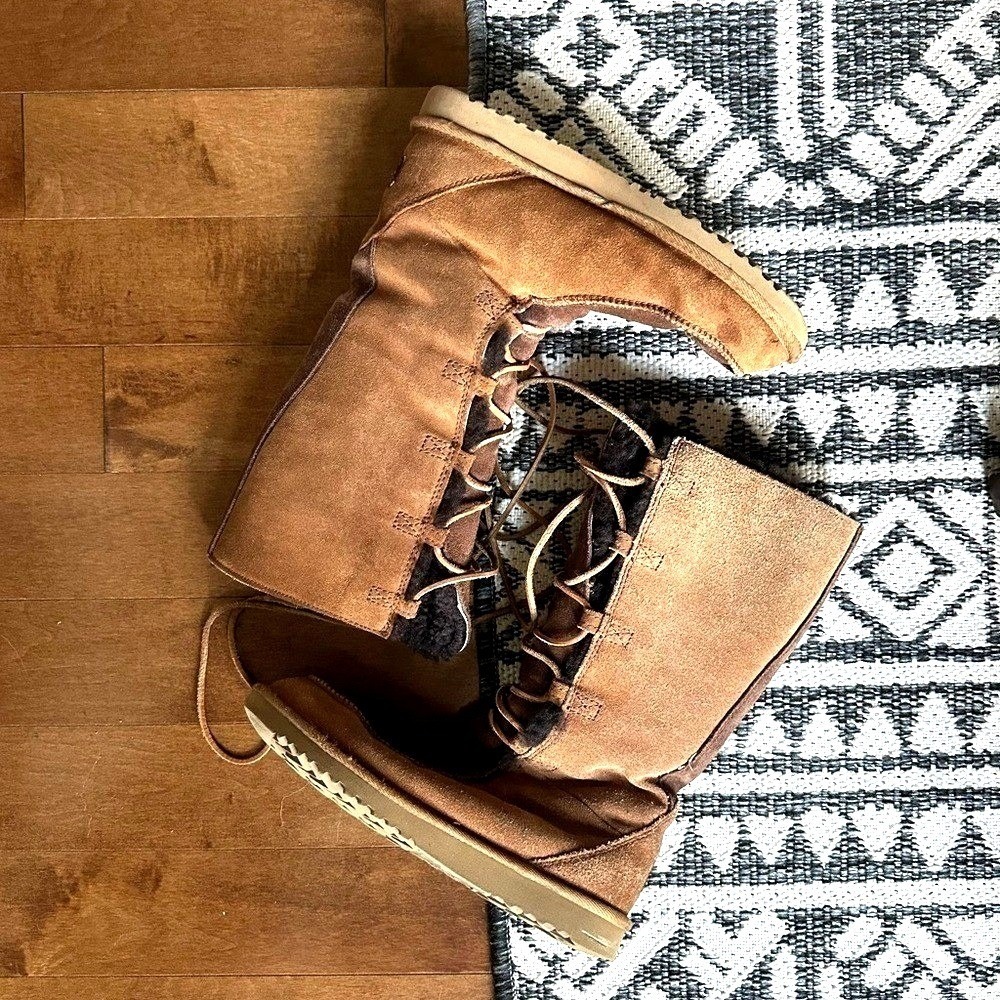 UGG Australia Whitley Tall Boots Womens 5 Brown Suede Lace Up Shearling Wool